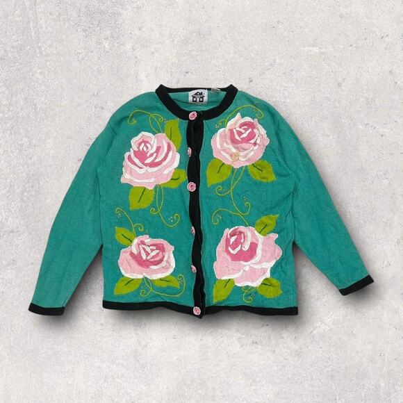 ★ Storybook Knits Vintage Floral Knit 3D Rose Button-Up Cardigan Sweater ★ - Picture 6 of 6